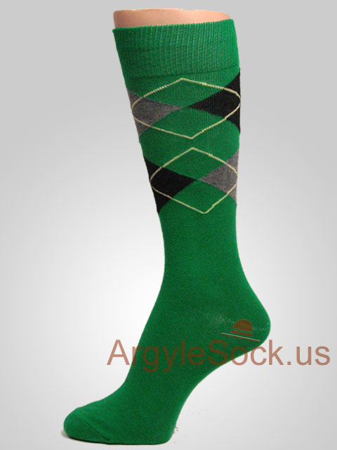 Green, Gray/Grey Black argyle socks with yellow