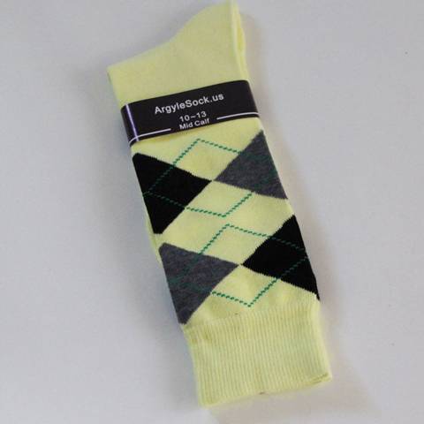 packing - light yellow, dark gray, black men's argyle sock