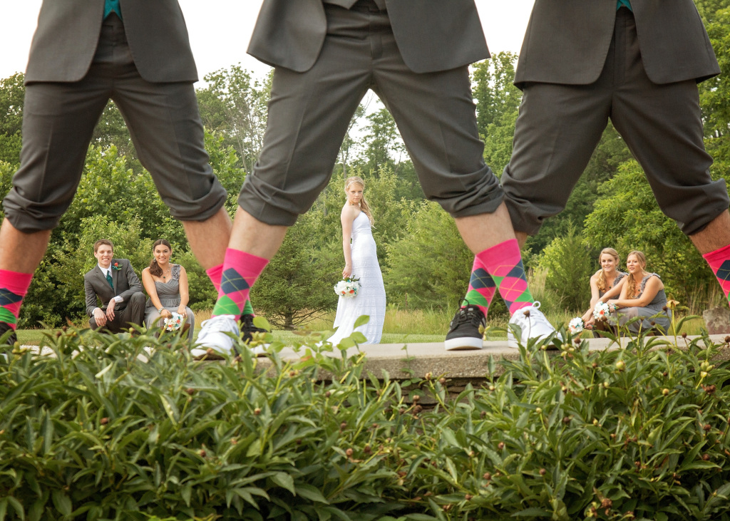 grooms and groomsmen and hot pink navy green argyle socks picture