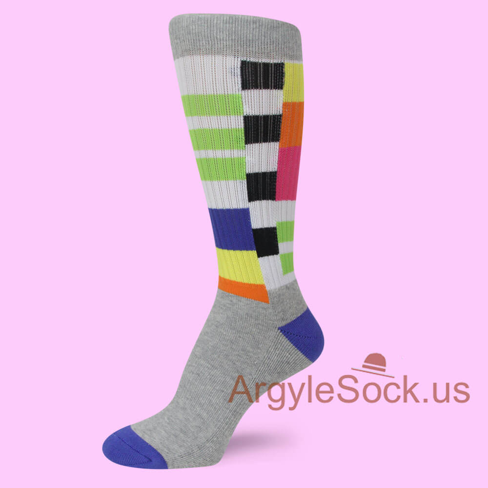 GRAY BLACK LIME GREEN WITH BLUE HEEL AND TOE MEN'S SOCK