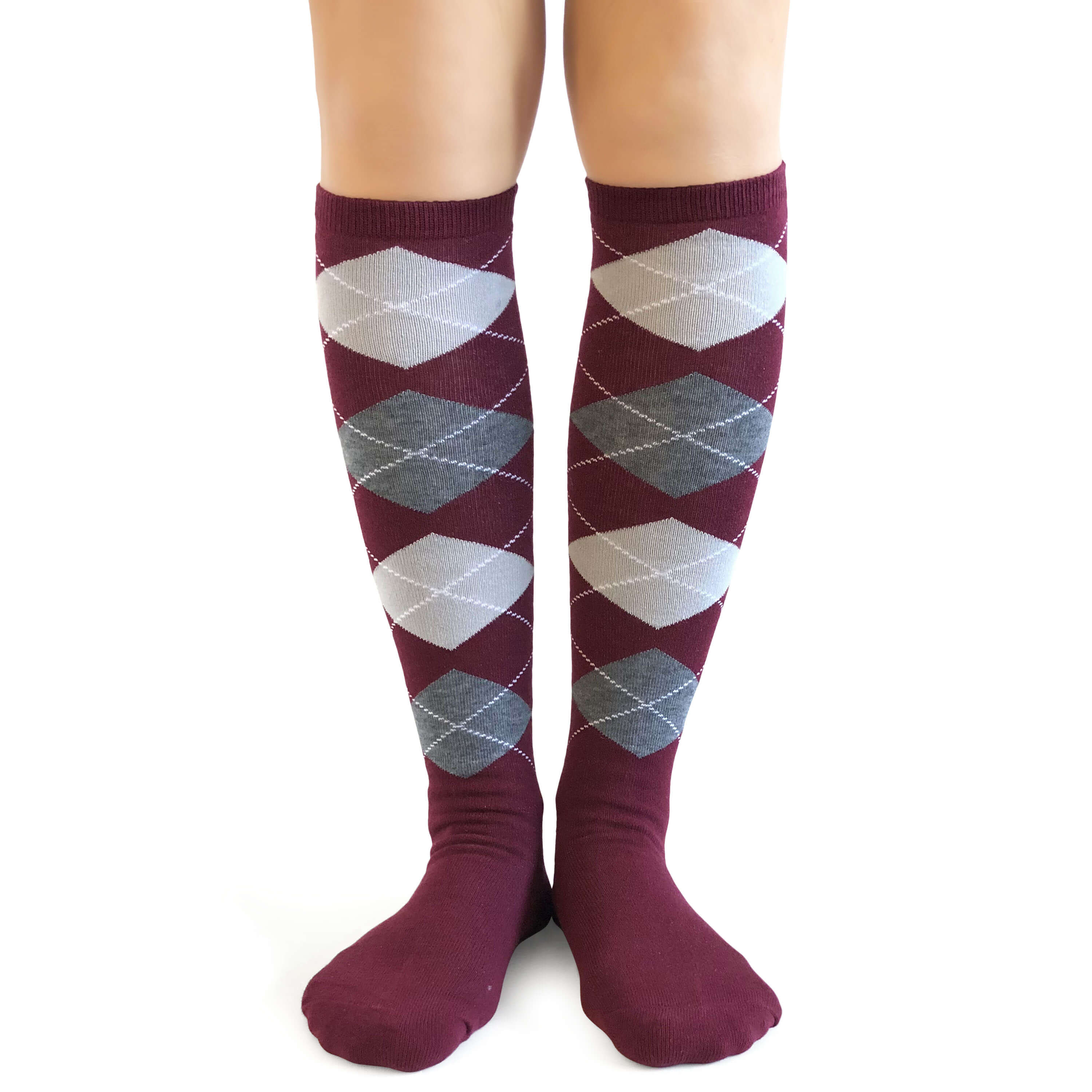 Maroon/Burgundy Light & Heather Gray Argyle Knee High Socks