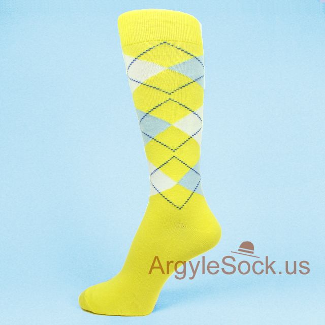 Bright Yellow Light Blue White Men's Argyle Socks for Groomsmen