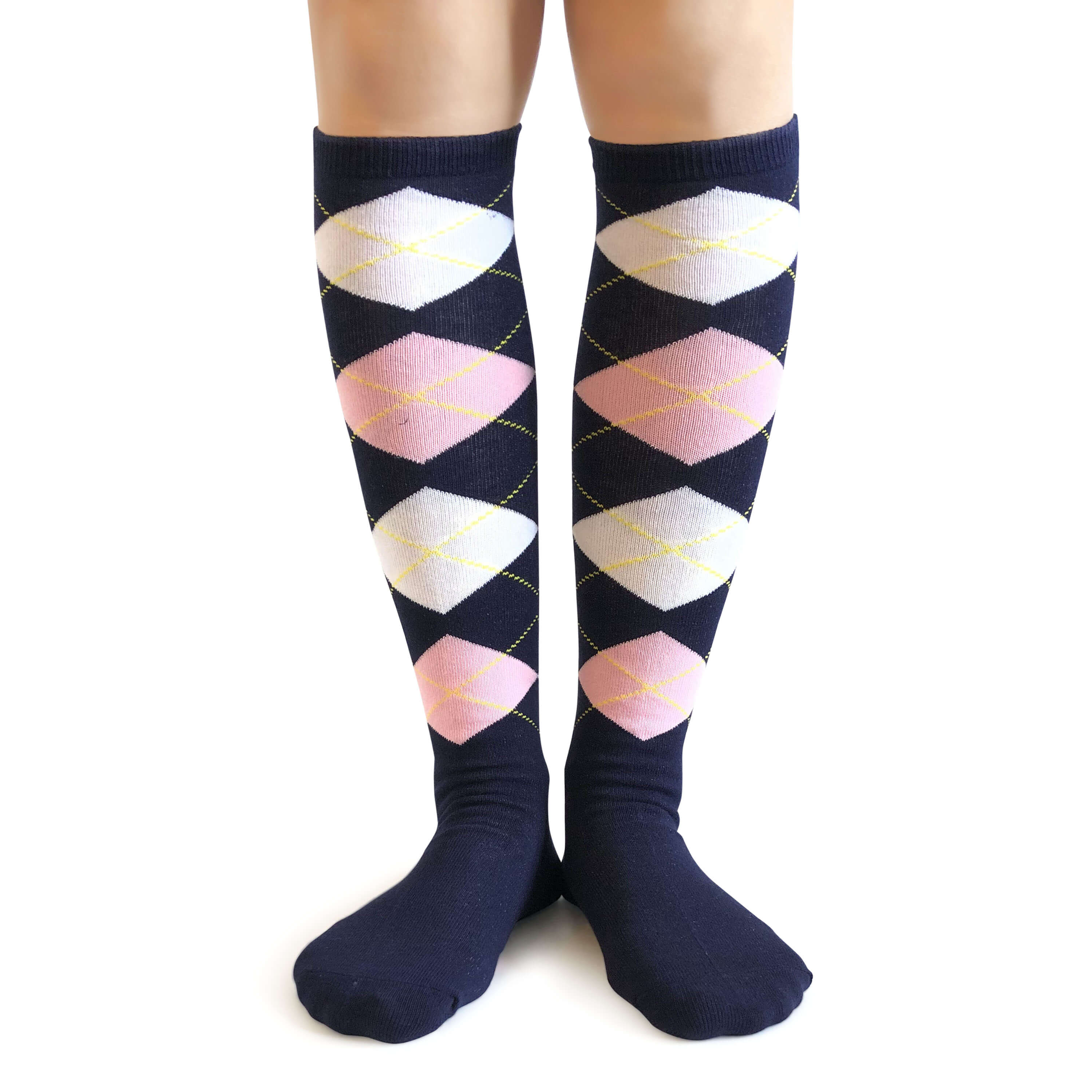 Navy Blue With Light Pink and White Argyle Knee High Socks