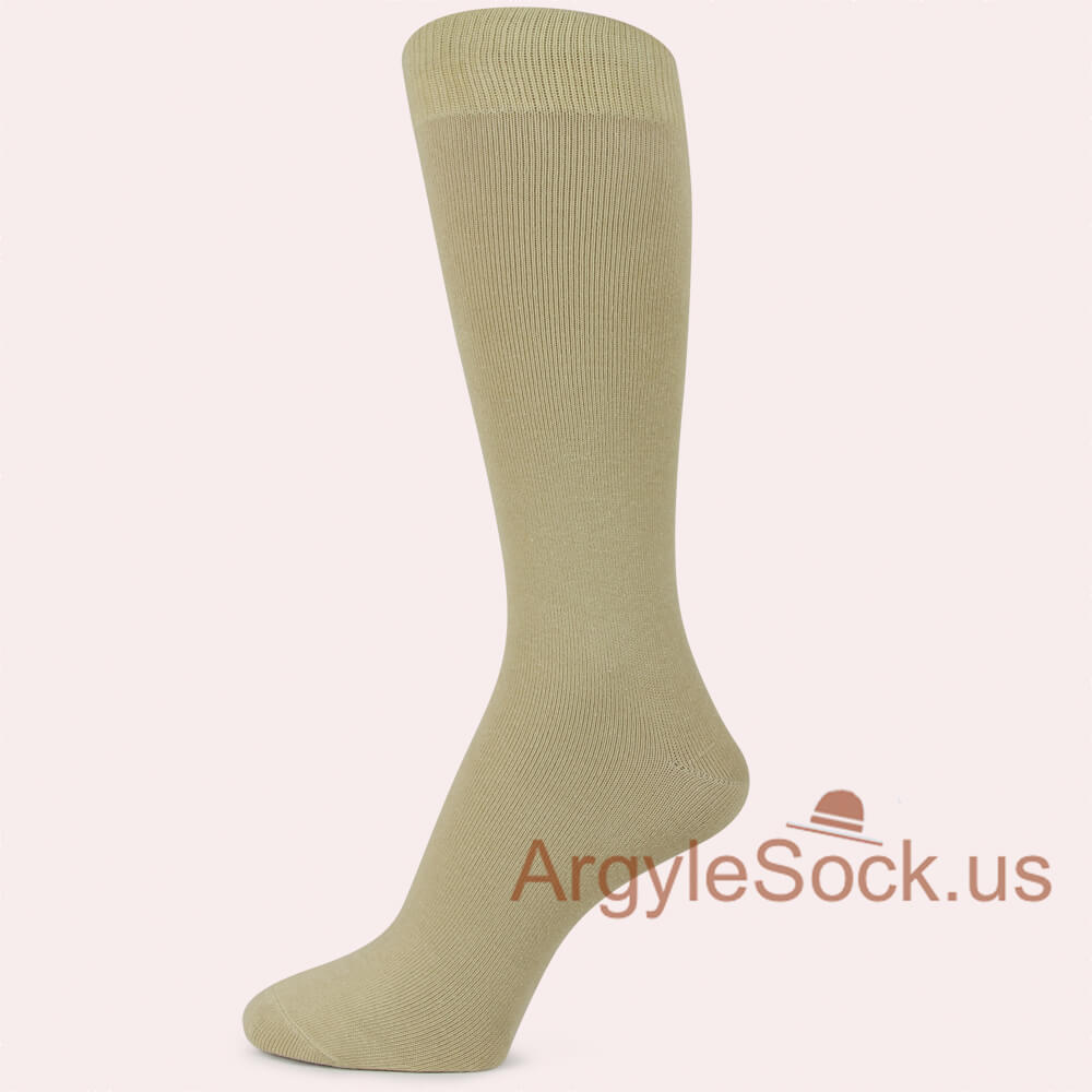 Beige Plain Solid Soft Cotton Men's Mid-Calf Length Dress Socks