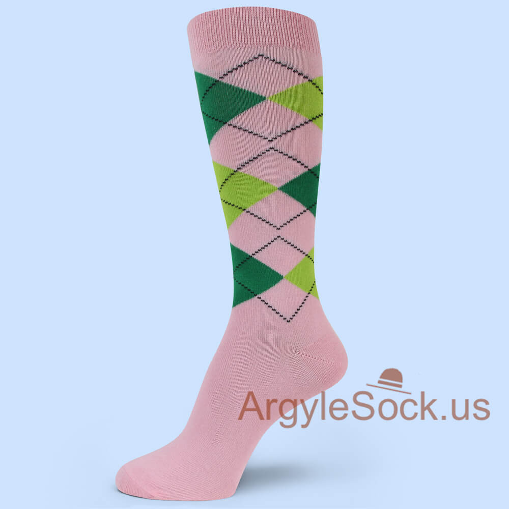 Light TICKLED Pink w/ Green& Lime Groomsmen Gift Argyle Socks