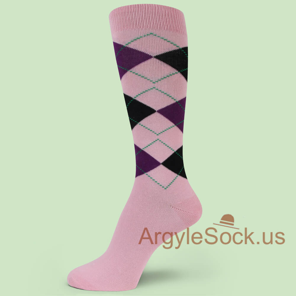 Light TICKLED Pink w Purple& Black Groomsmen Diamond Argyle Sock