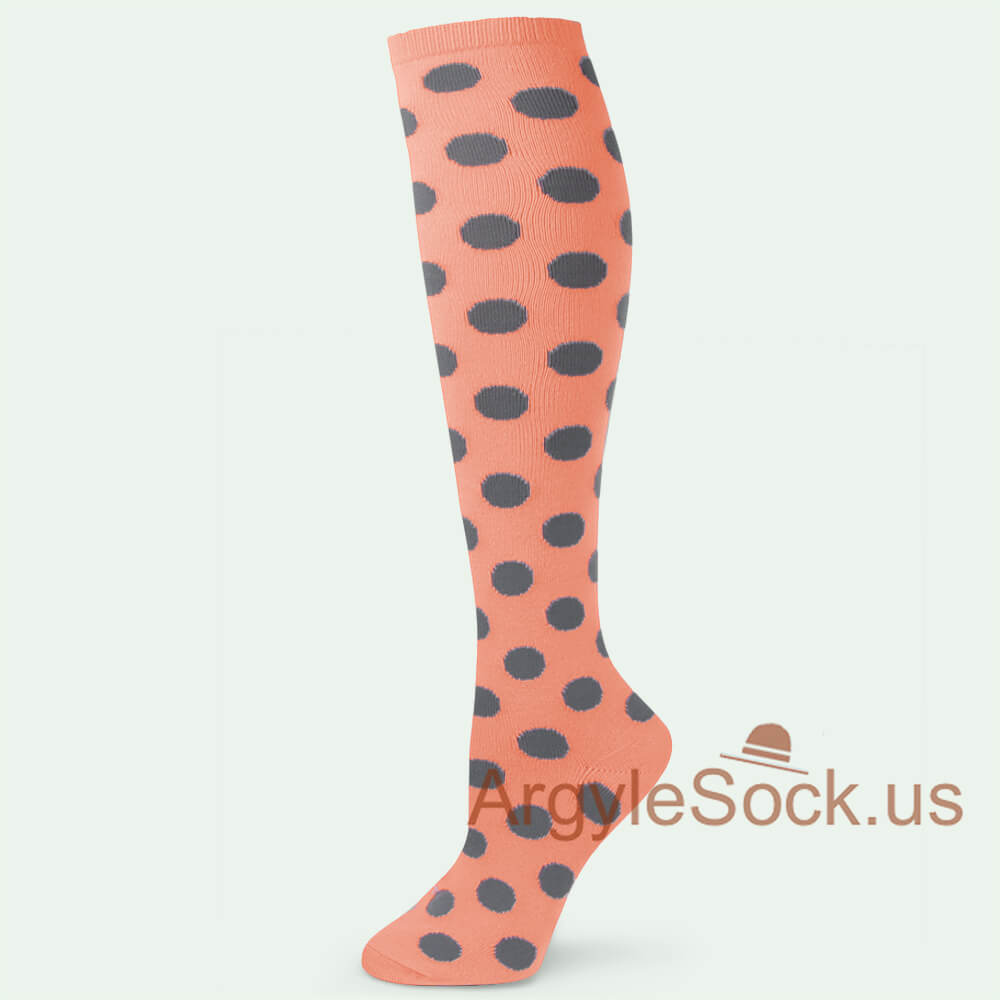 Peach w/ Grey Polka Dots Womens Knee Socks (Mens MA058 Matching)