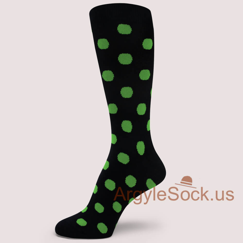 Black with Bright green polka dots Mans Socks