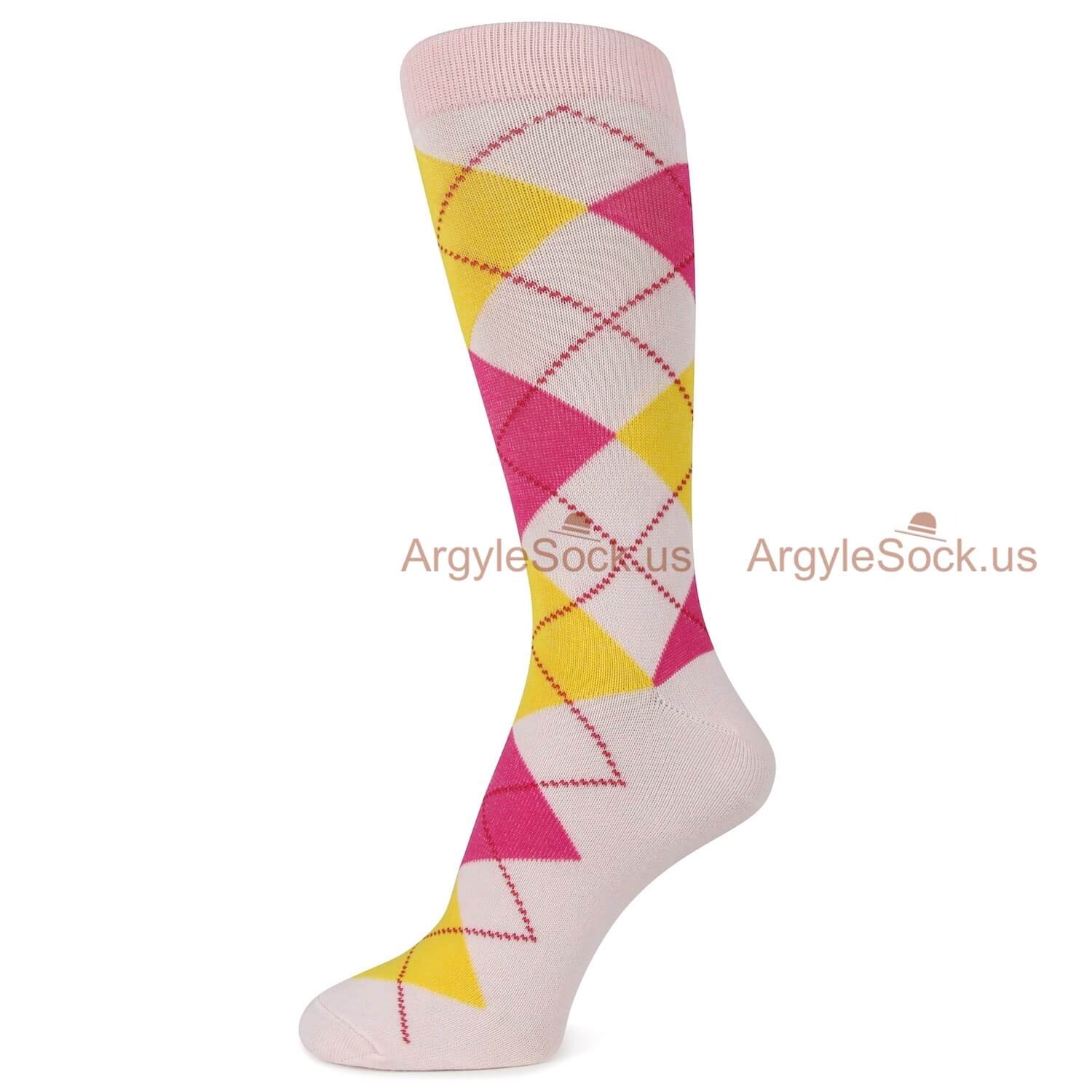 Pink and Yellow Argyle Themed Socks for Men