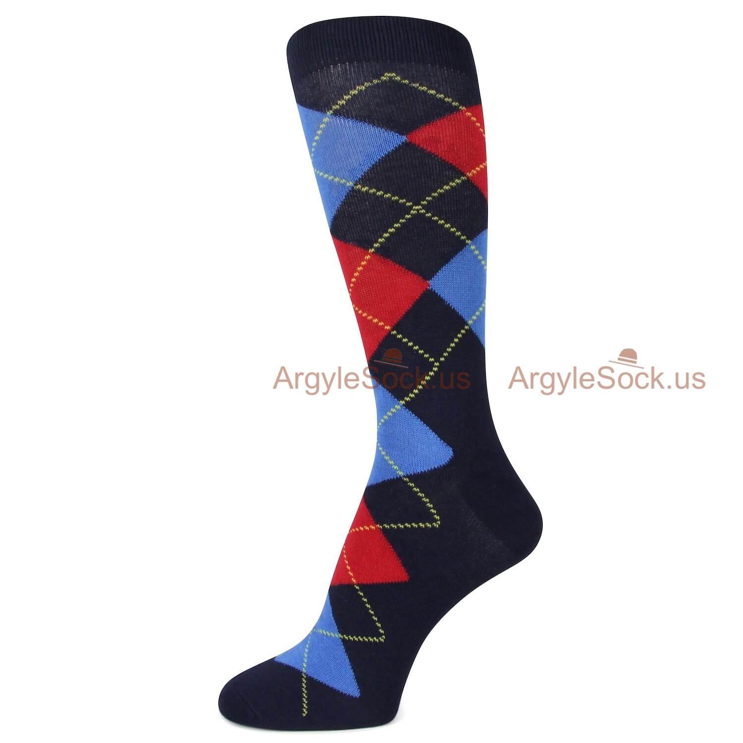 Black Red Blue Argyle socks for men