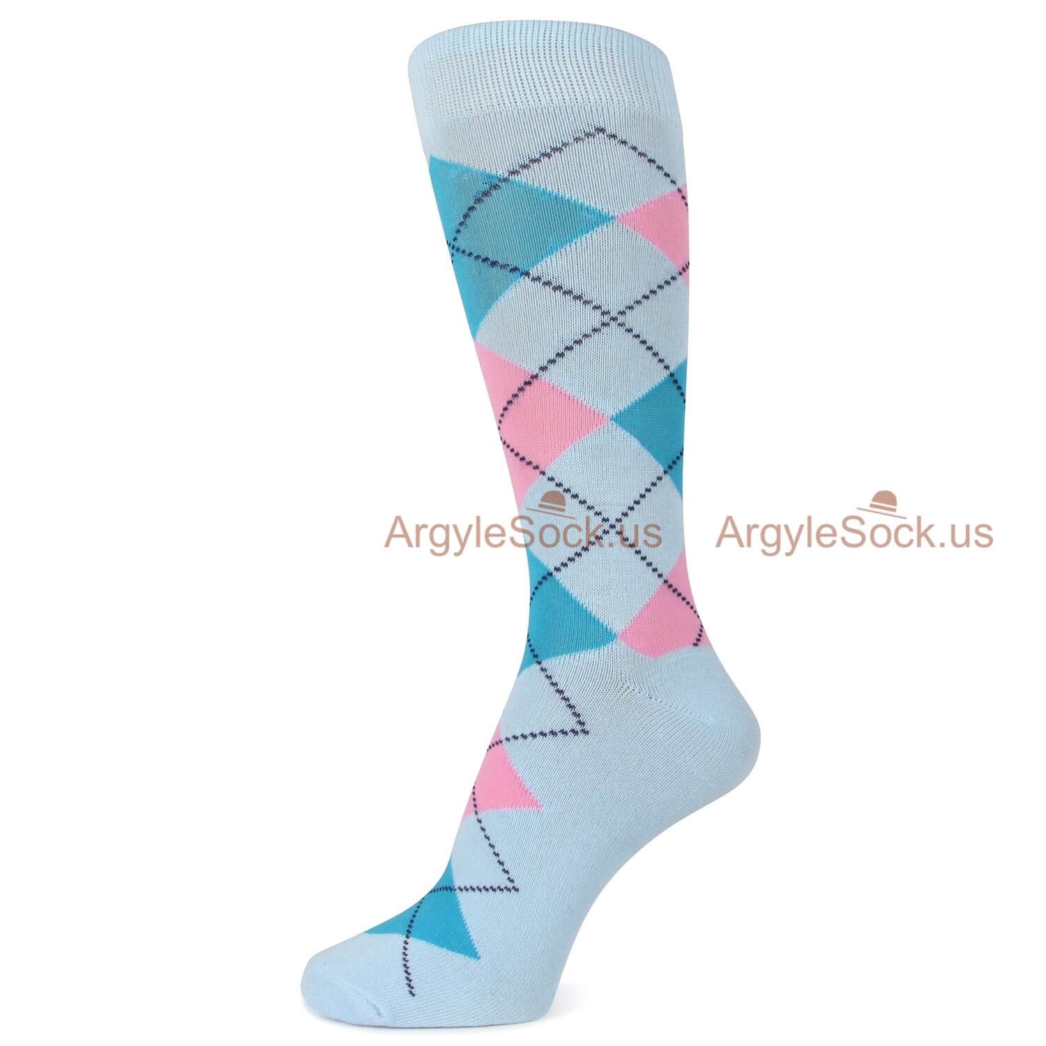 Light Blue and Pink Argyle Socks for Men