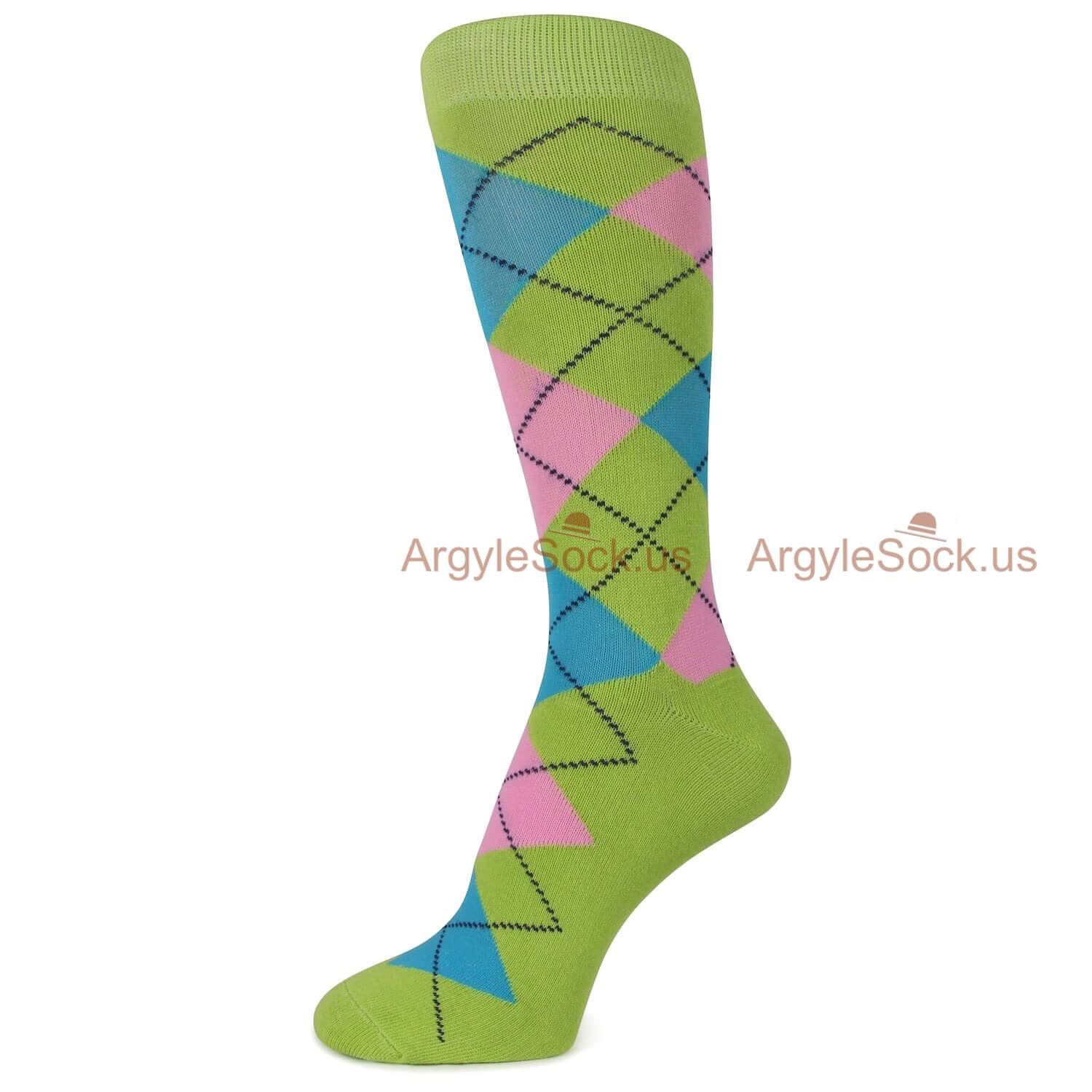 Olive Green Blue and Pink Argyle Mens Socks