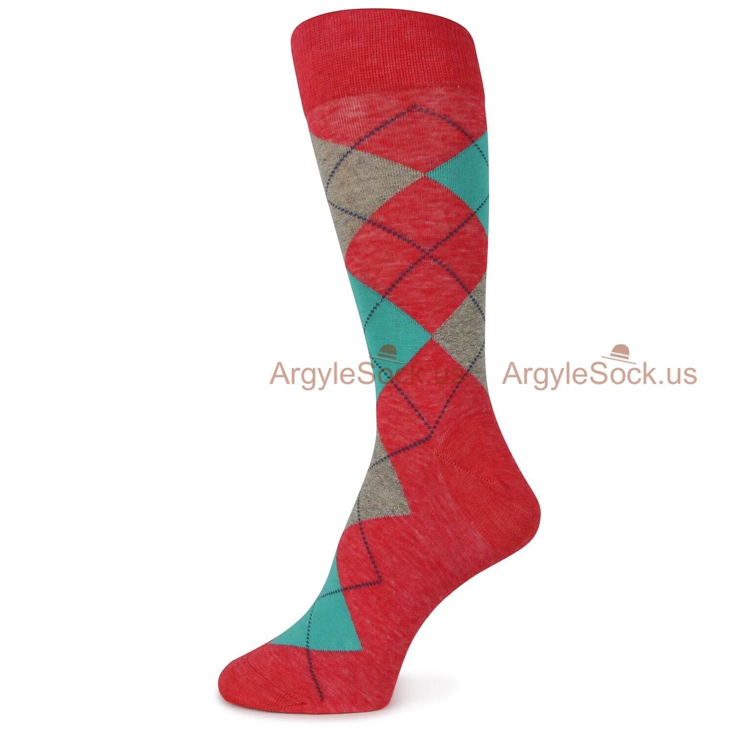 Red Aqua and Light Brown Argyle Socks For Men
