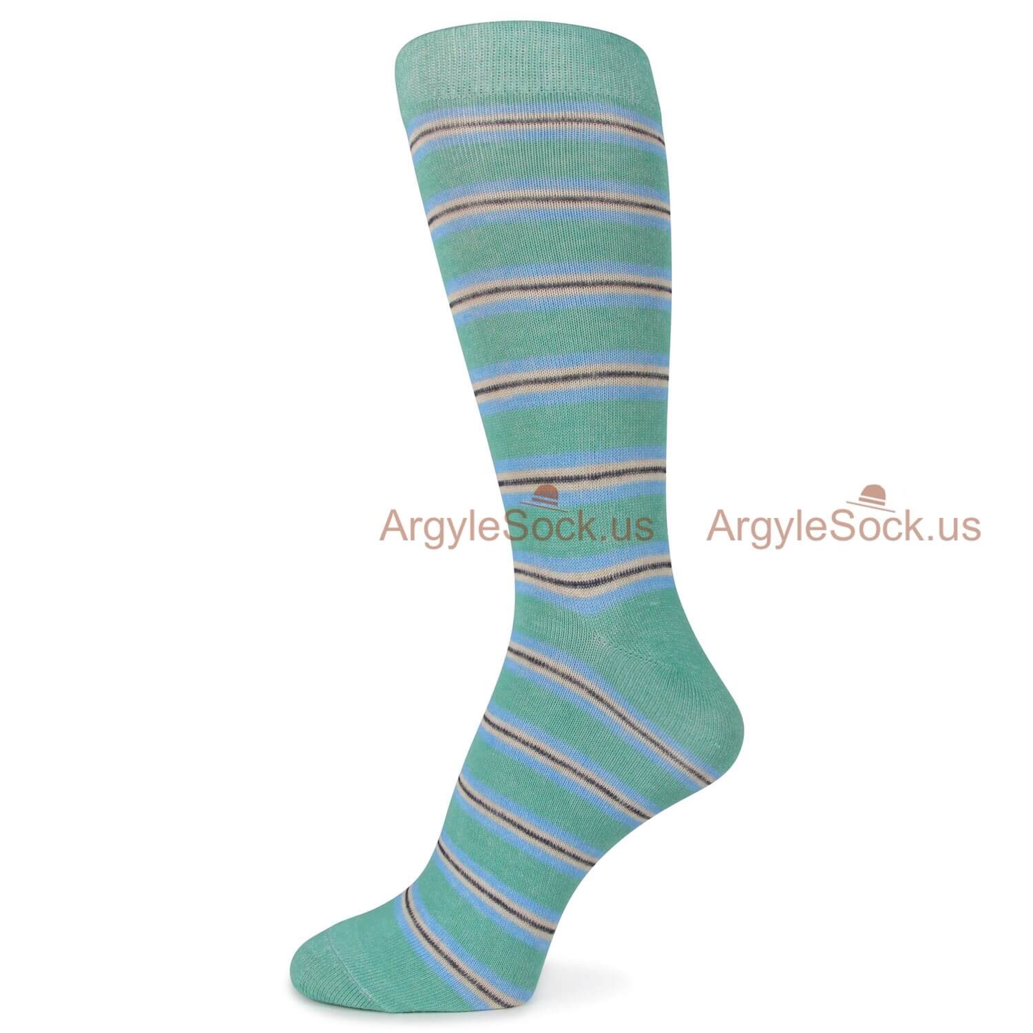 Teal with Black and White Horizontal Stripes Mens Socks