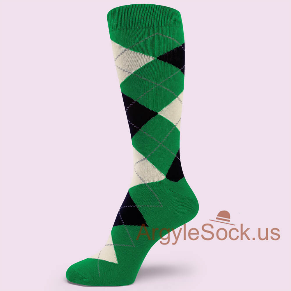 Green with Navy and Ivory(Off-White) Argyle Sock for Man