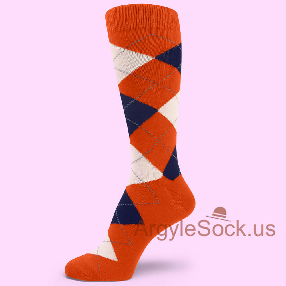 orange with Ivory and navy blue Argyle Sock for Man