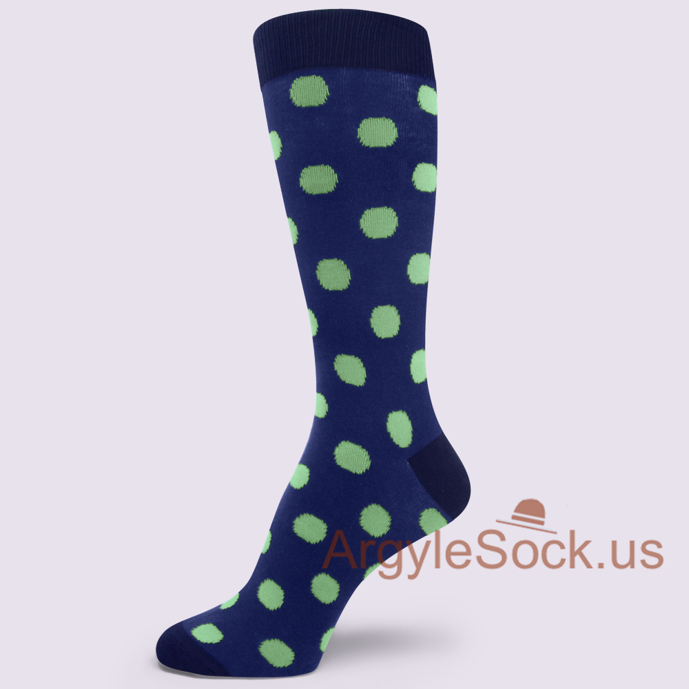 Lime green polka dots Navy Mans Socks with Black Toe & Heel
