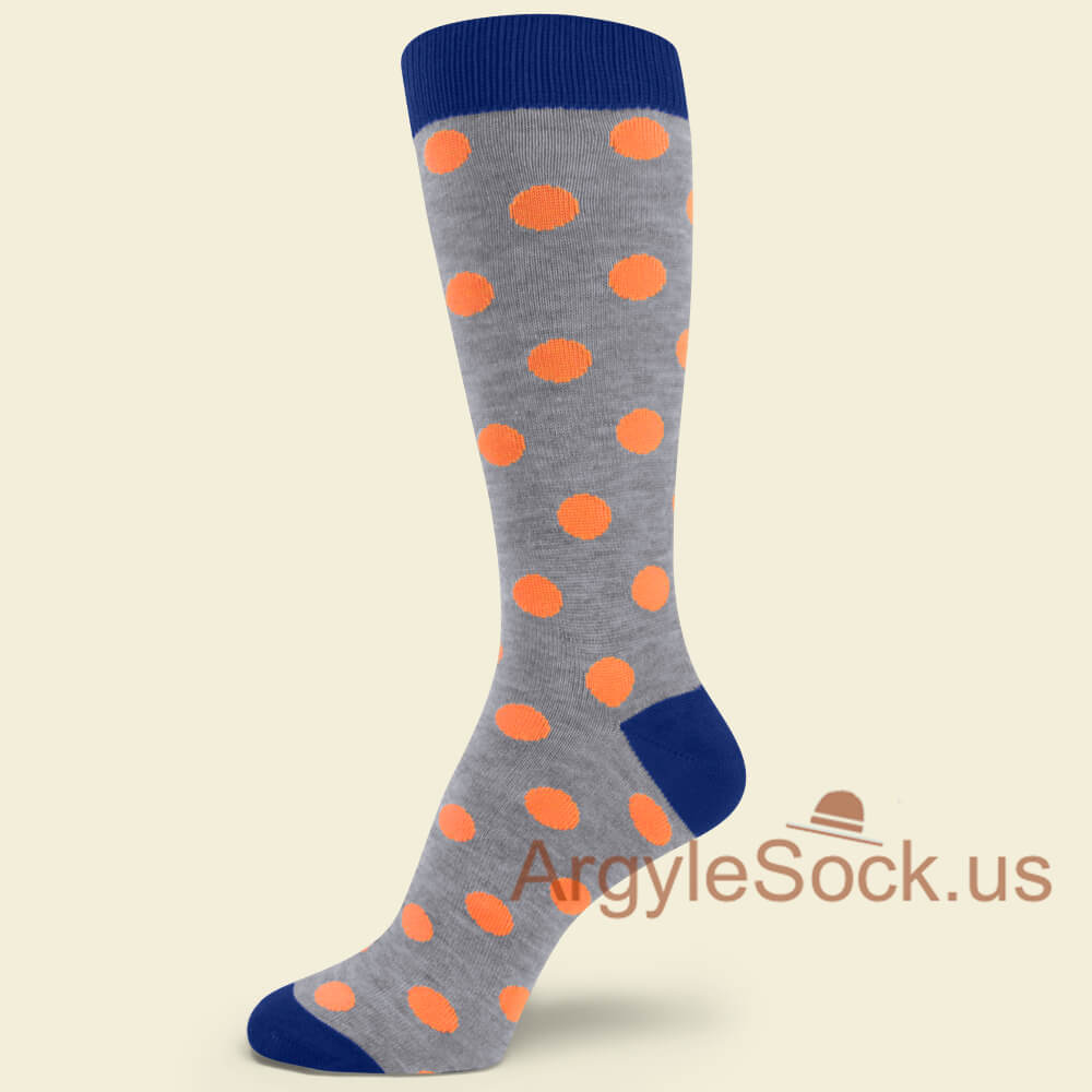 Heather Light Gray with Neon Light Orange polka dots Mans Socks