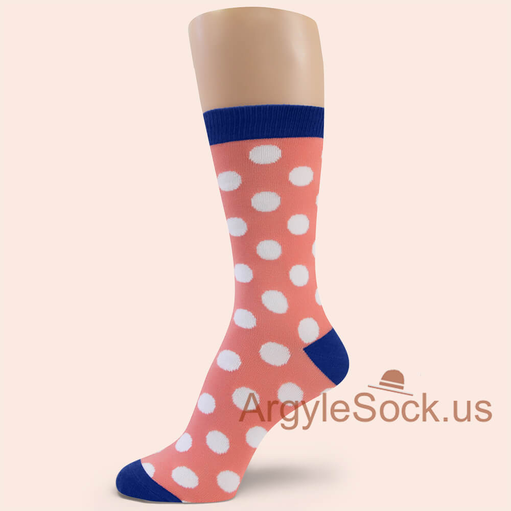 Salmon with white polka dots Mans Socks with Blue Toe and Heel