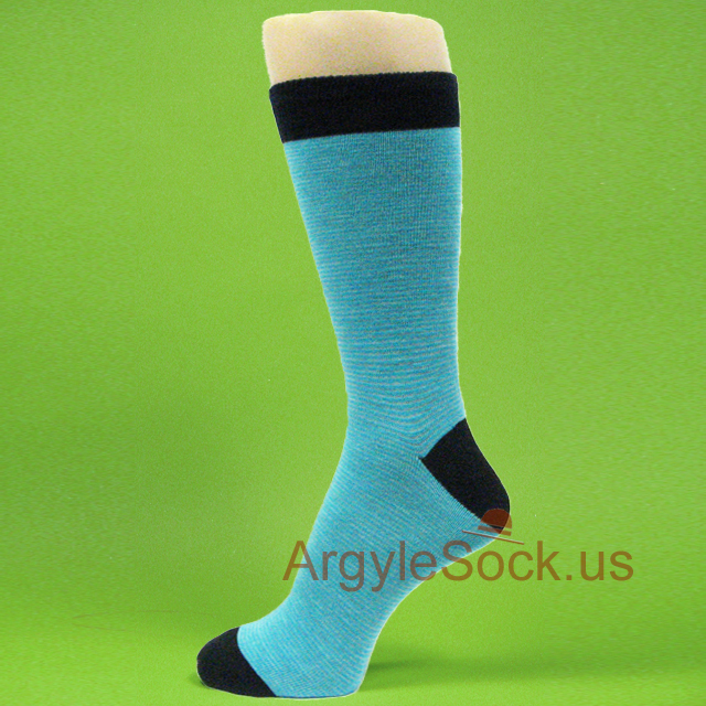 Aqua Blue Men's Dress Sock with Black Toes Navy Blue Welt