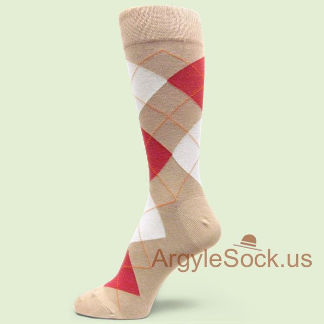 Beige Khaki Mans Dress Socks with Dusky-Red & White Argyles