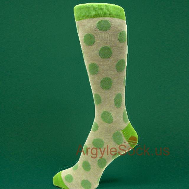 Beige Dress Sock with Lime Green Toe & Polka Dots