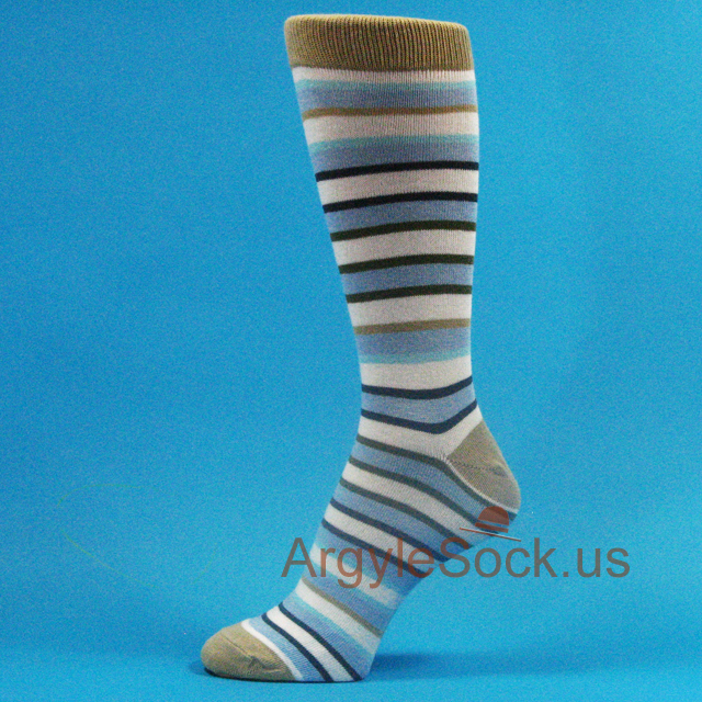 Beige Welt Light Blue Navy Stripes on White Men's Dress Socks