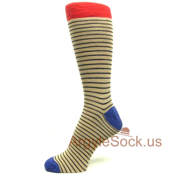 Beige with Thin Navy Stripes with Chinese Red Men's Dress Socks