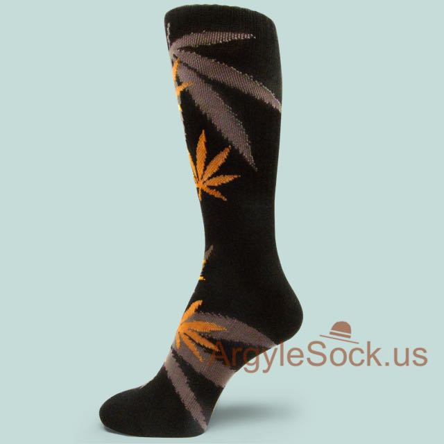 Black with Orange Marijuana Weed Leaf Symbols Mens Socks