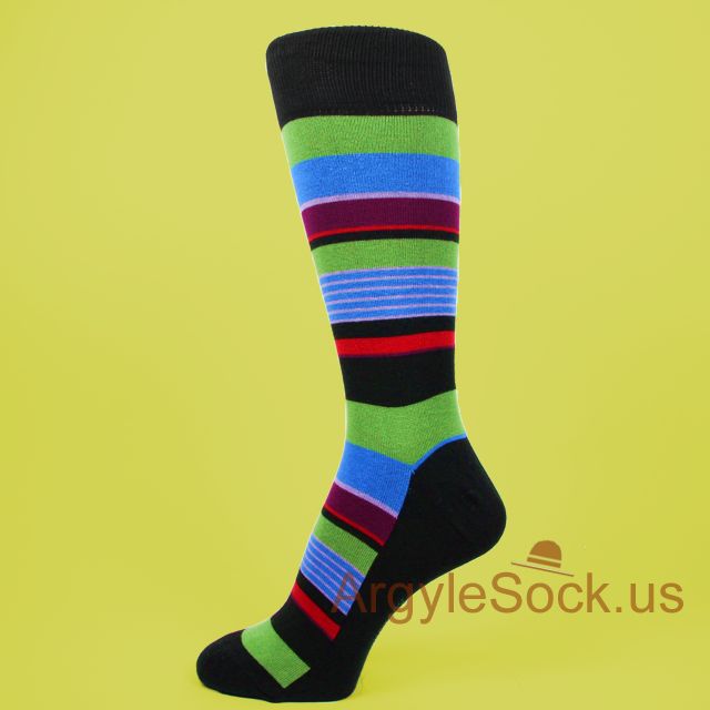 Black Mens Socks with Colorful Sky Blue Red Purple Stripes