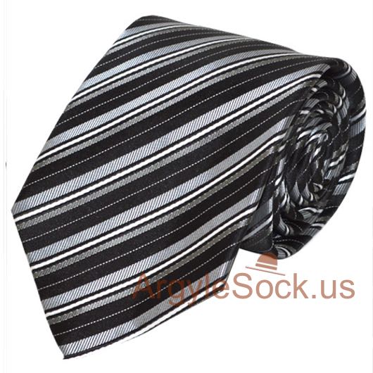 Black Silver Gray Diagonal Striped Groomsmen/Mens Neck Tie