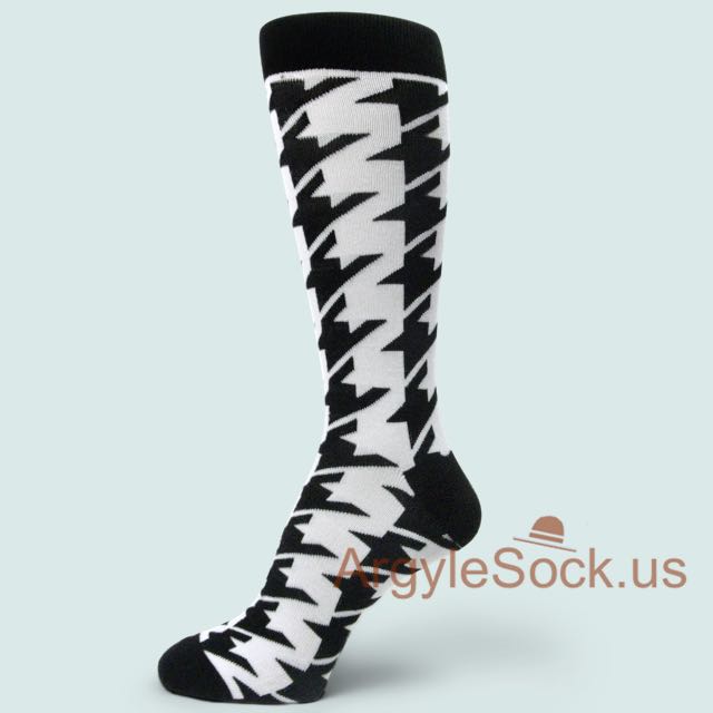 Black White Large Houndstooth Pattern Dress Socks for Men