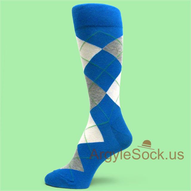 Blue Dress Socks for Men with Grey & White Argyles