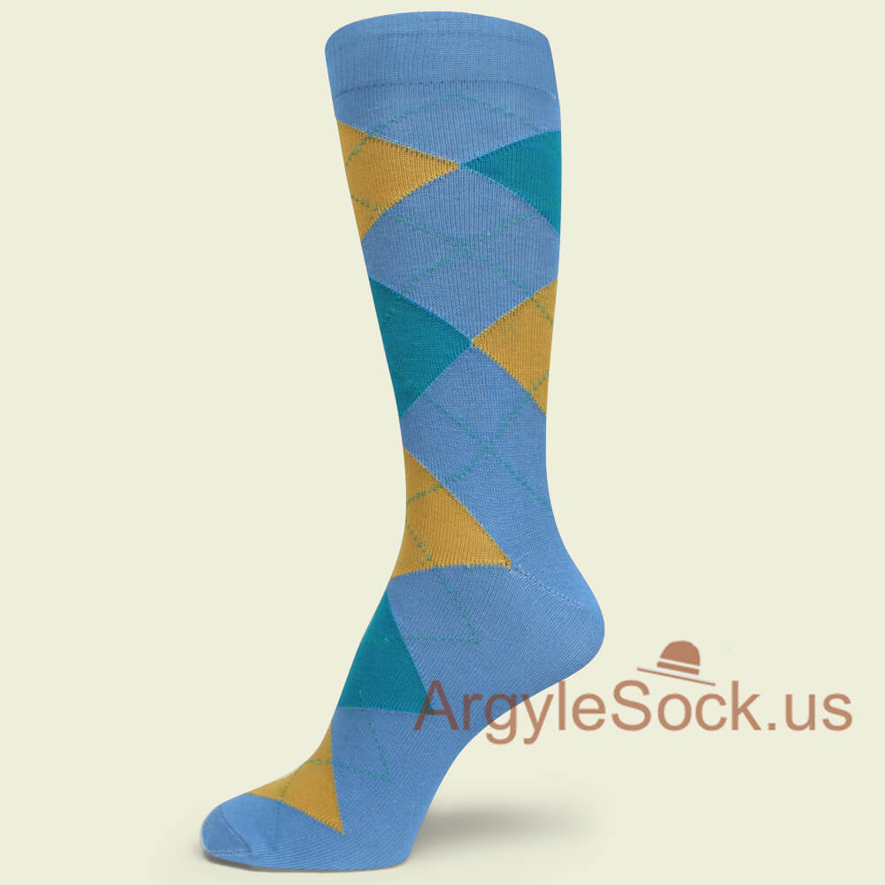 (Cornflower) Blue with Old Gold and Teal Argyle Sock for Man