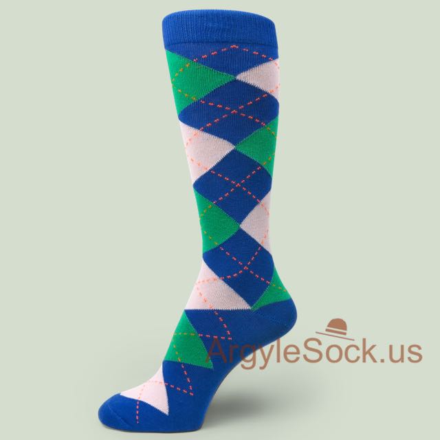 Royal Blue with Light Pink and Green Argyle Mans Sock