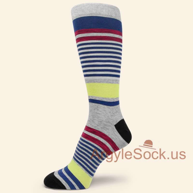 Blue Red Light Yellow Stripes Heather Gray Socks for Man