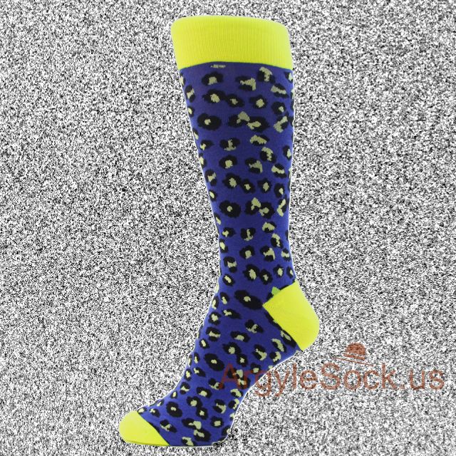 Blue Leopard Pattern Men's Dress Socks with Neon Yellow Toes