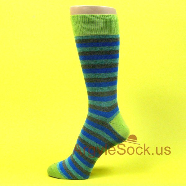 Blue Teal Charcoal Grey Stripes Mens Dress Socks with Lime Green