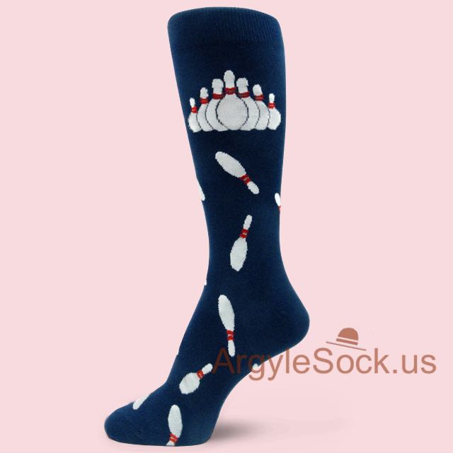 Bowling Pins Pattern/Theme Navy Blue Dress Socks for Men