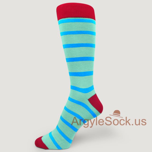 Bright Blue Stripes Turquoise Sock for Man with Dark Red Toe