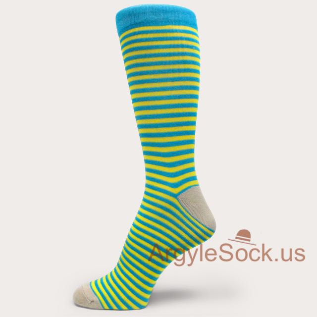 Bright Blue and Bright Yellow Thin Striped Dress Socks for Men