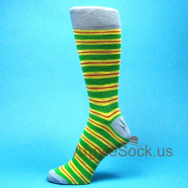 Bright Green Yellow Red Stripes Light Blue Toe Socks for Men