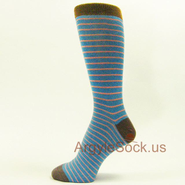 Cadet Blue with Orange Stripes Mens Socks with Brown Toe & Heel