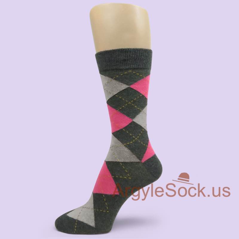 Dark Charcoal Grey Light Grey Pink Argyle Socks for Man