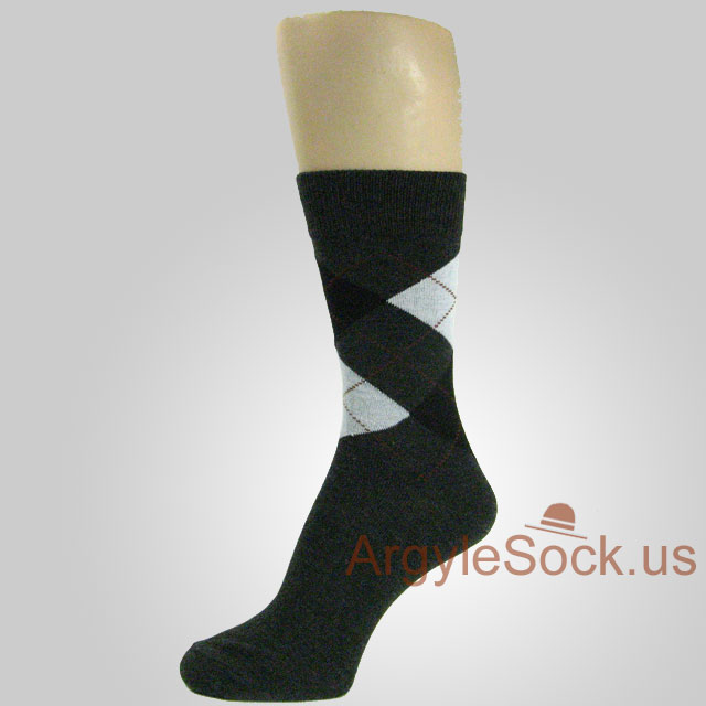 Charcoal Gray White Black Argyle Socks for Men