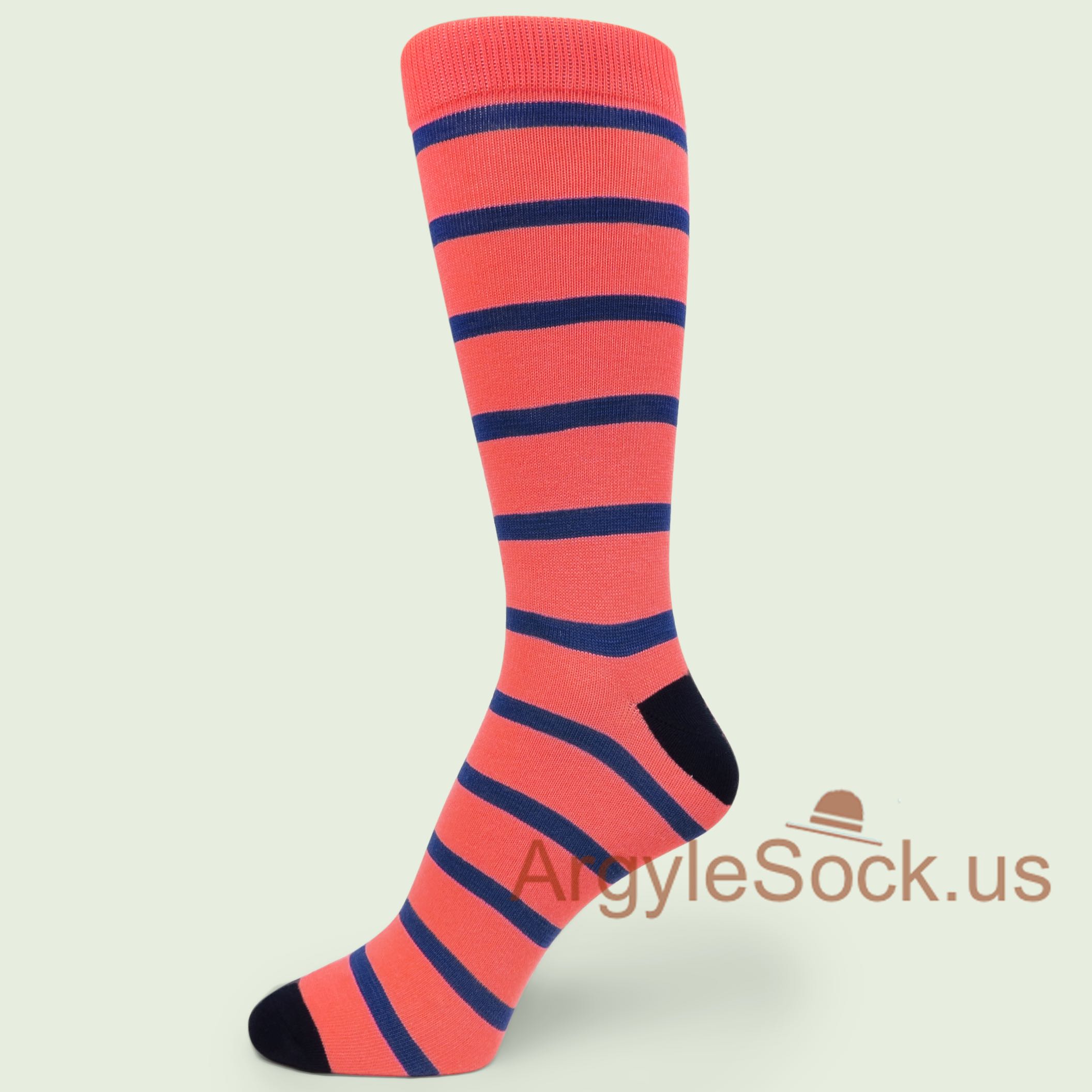 Dark Peach Groomsmen Mens Socks w/ Blue Stripes & Navy Blue Toe