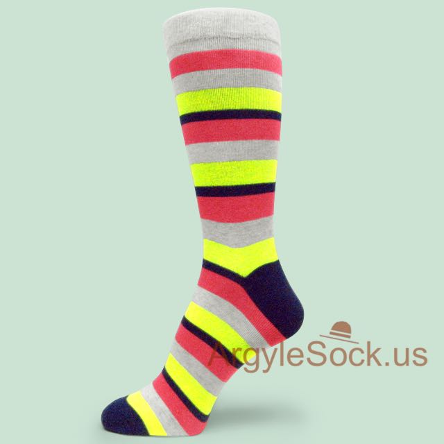 Dark Coral Neon Yellow Navy Striped Mens Champagne Marble Sock
