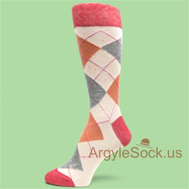 Speckled Cream Dress Socks for Men w/ Peach Grey Argyle