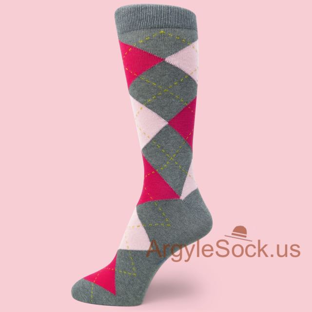 Dark Grey Men's Socks with Hot Pink and Light Pink Argyles