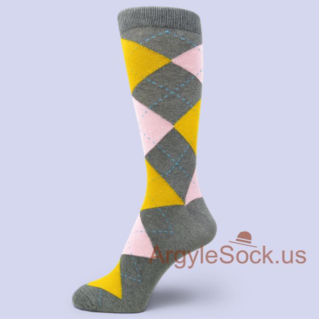 Dark Gray Man's Socks with Light Pink and Yellow Argyles